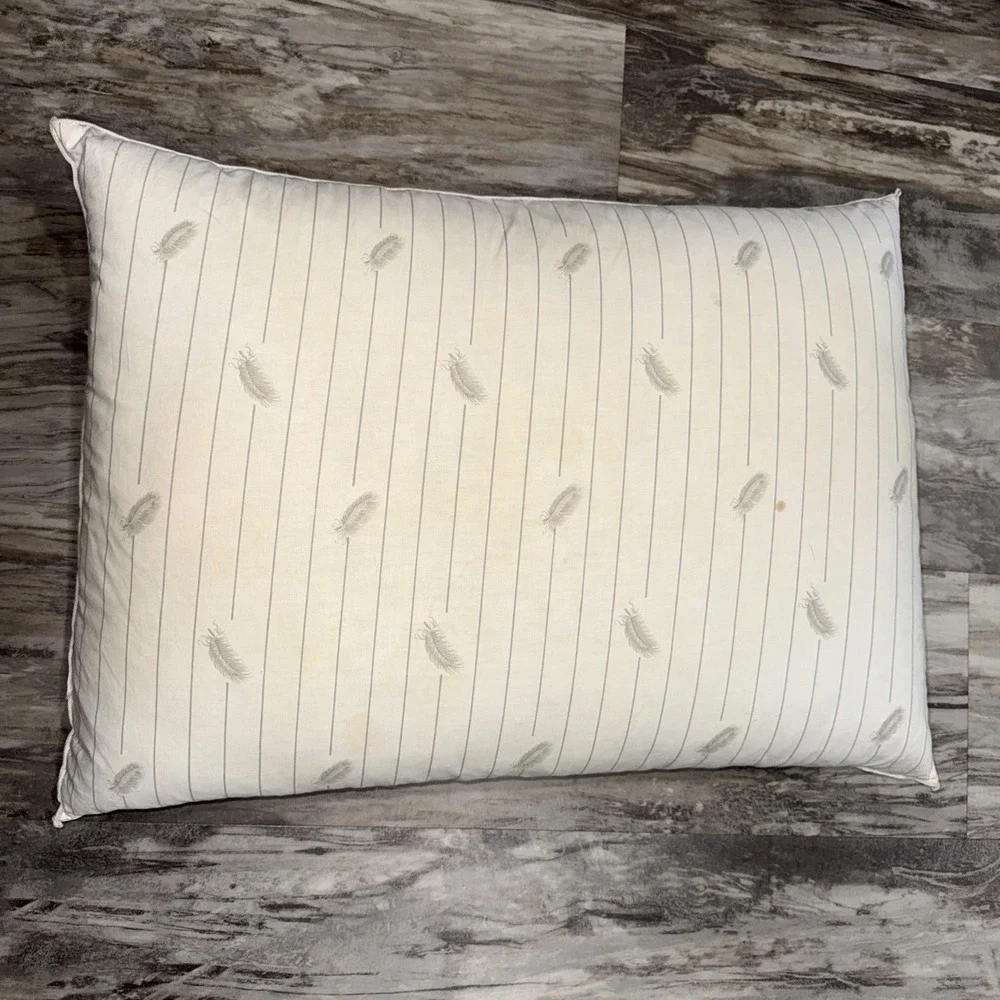 Vintage White Down Feather Pillow 25X18 Inch Good Fill Stain Areas Hole Read